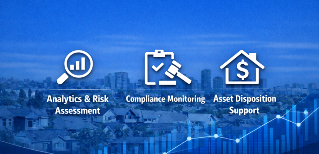 Data analytics, risk assessment, compliance monitoring, and asset disposition support